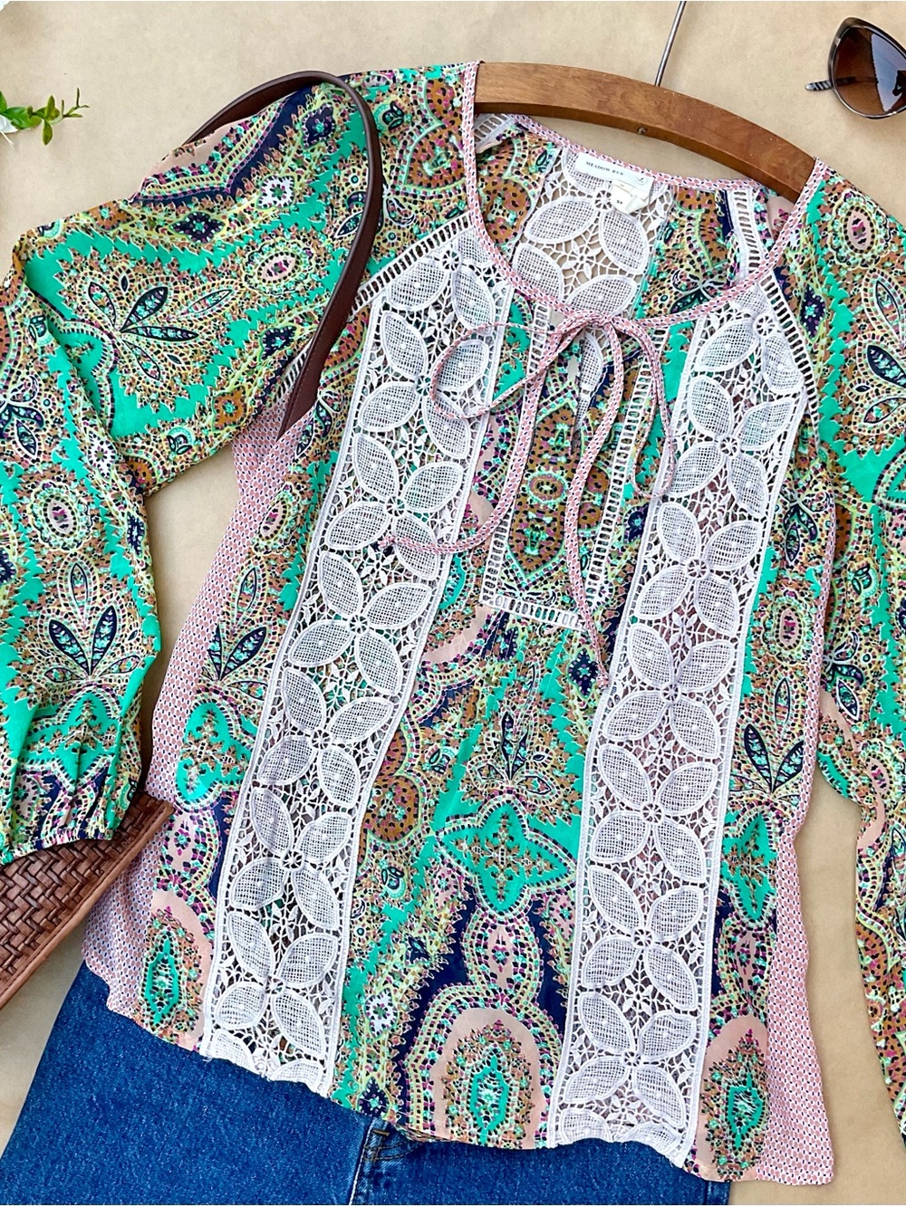 Anthro .• Meadow Rue Giada Crochet Print Peasant Blouse Size XS